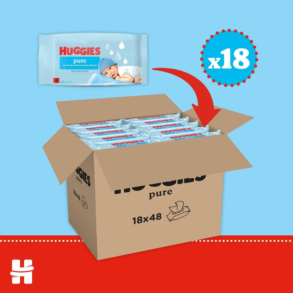 Huggies Pure Plastic Free Baby W Wipes - 18 Pack (864 Wipes) - 99% Water, Fragrance Free, Hypoallergenic, Soft & Gentle - Damaged Box