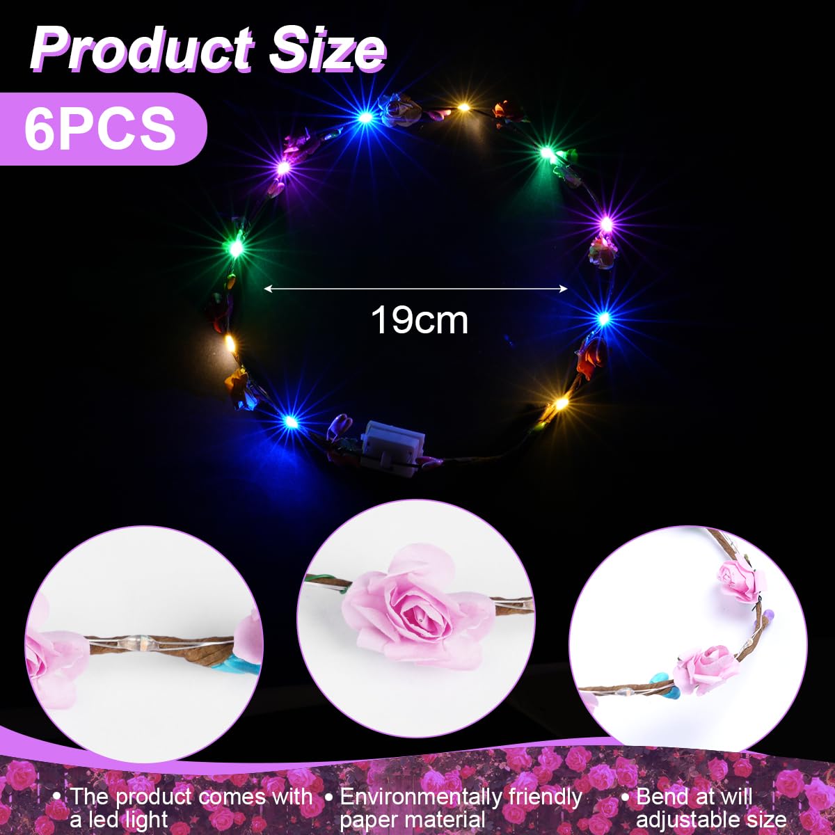 URAQT LED Flower Headband - 6 Pack Light Up Crown Garland for Women & Girls - Wedding, Party Decor - Damaged Box