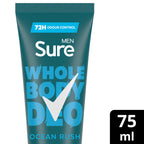 Sure Men Ocean Rush Whole Body Deodorant Cream 75ml - 72 Hour Odour Control, Herbal & Woody Fragrance