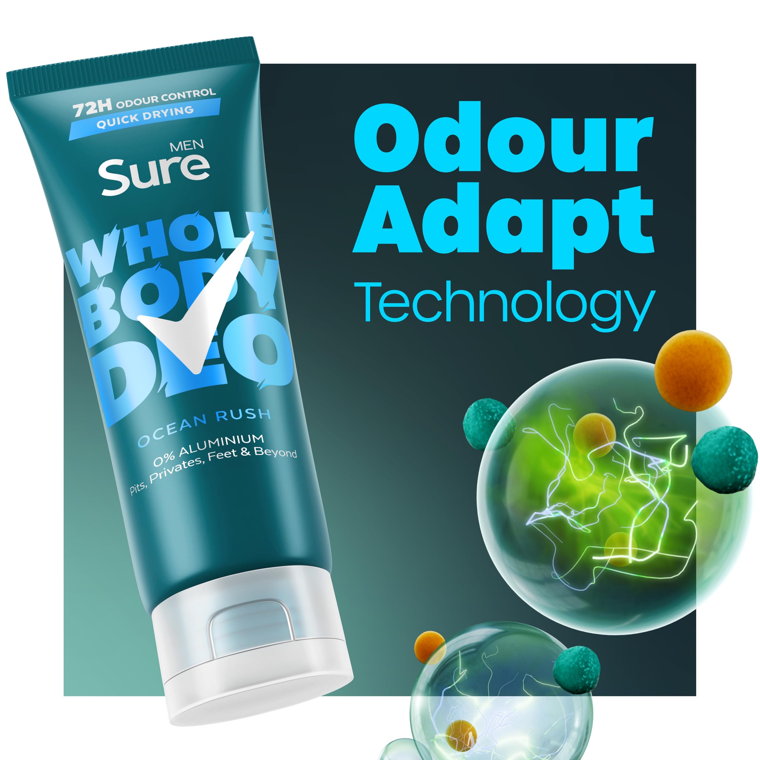 Sure Men Ocean Rush Whole Body Deodorant Cream 75ml - 72 Hour Odour Control, Herbal & Woody Fragrance
