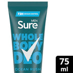 Sure Men Ocean Rush Whole Body Deodorant Cream 75ml - 72 Hour Odour Control, Herbal & Woody Fragrance