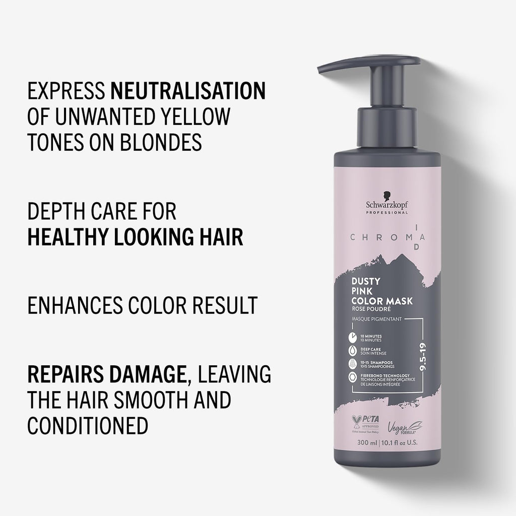 Schwarzkopf Professional CHROMA ID Bonding Color Mask Semi Permanent Mix And Tone Color System Toning Enhancing Refreshing Intense Care Deep Conditioning Shine Vegan Formula 9,5-19 Dusty Pink 300 ml - Damaged Box