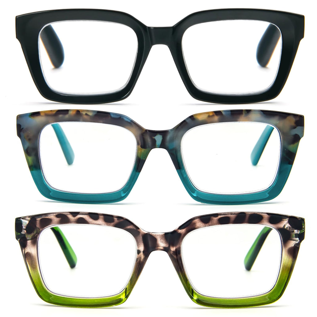 MMOWW 3-Pack Oversized Reading Glasses for Women - Anti Blue Light, Square Frame, +1.0 Black Hawksbill - Damaged Box