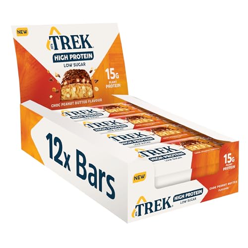 TREK High Protein Low Sugar Choc Peanut Butter Bar - Plant-Based, High Fibre - 12 x 55g - BBE 05/2026