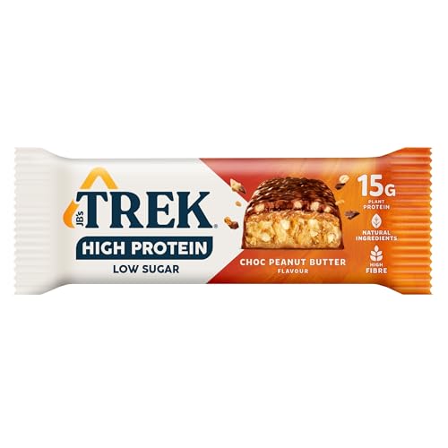 TREK High Protein Low Sugar Choc Peanut Butter Bar - Plant-Based, High Fibre - 12 x 55g - BBE 05/2026