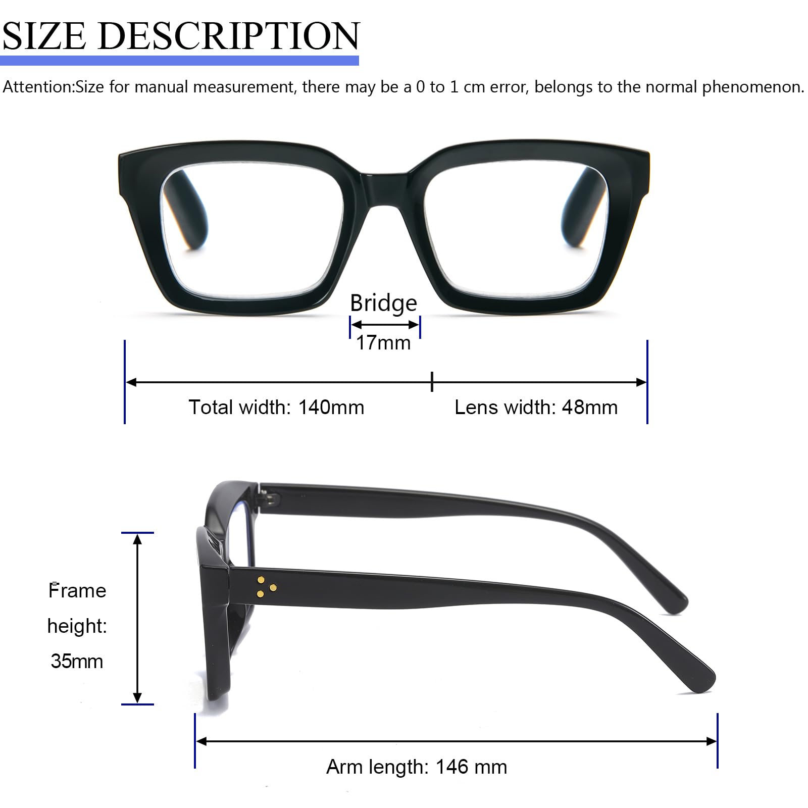 MMOWW 3-Pack Oversized Reading Glasses for Women - Anti Blue Light, Square Frame, +1.0 Black Hawksbill - Damaged Box