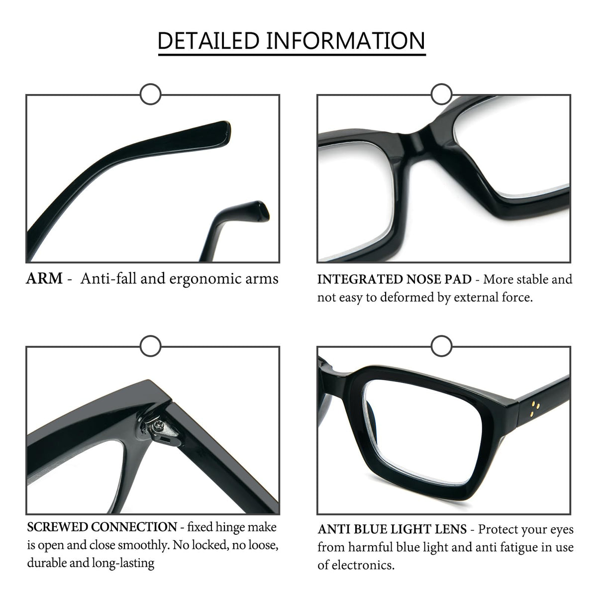 MMOWW 3-Pack Oversized Reading Glasses for Women - Anti Blue Light Square Frame +1.0 Black Hawksbill Readers - Damaged Box