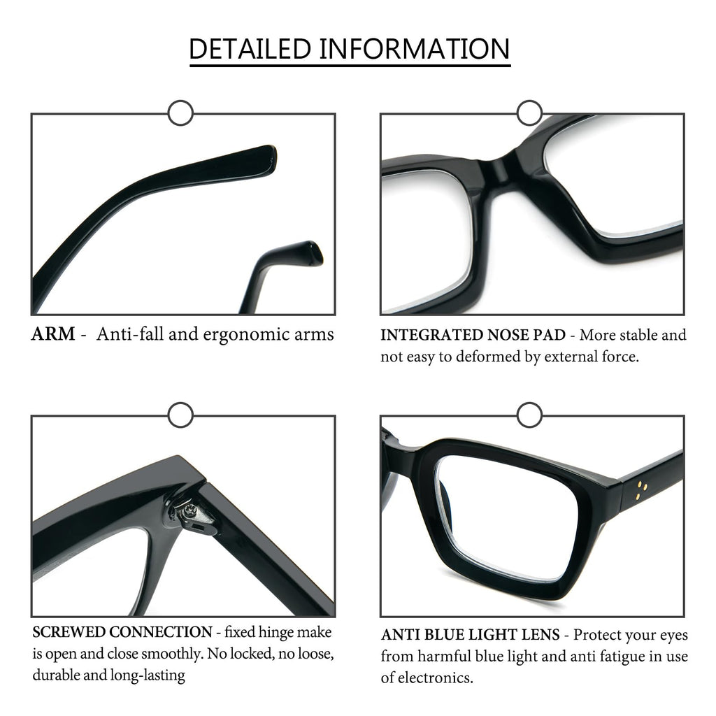 MMOWW 3-Pack Oversized Reading Glasses for Women - Anti Blue Light, Square Frame, +1.0 Black Hawksbill - Damaged Box