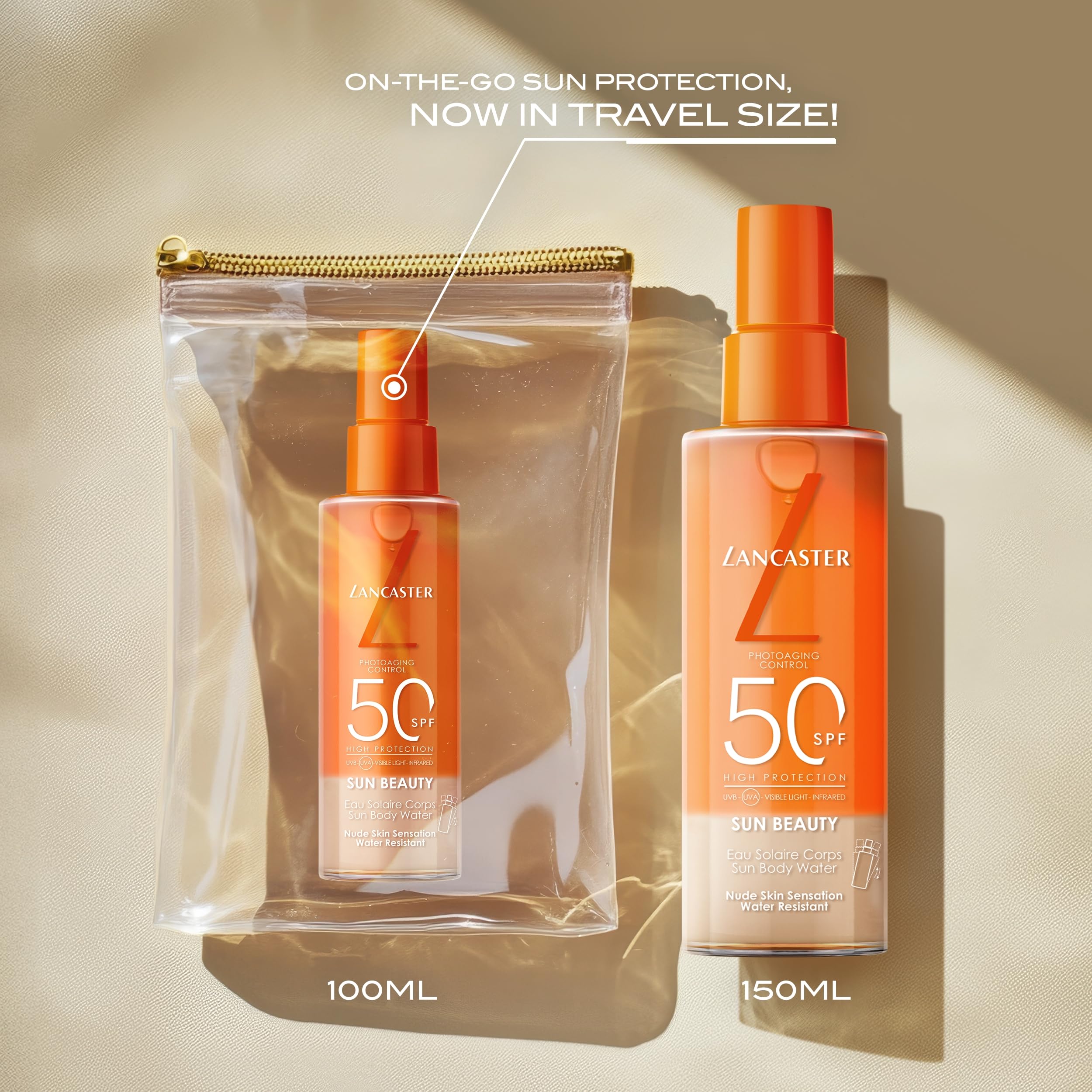 Lancaster Sun Beauty Body Water SPF50 100ml, Photoaging Control, Nude Skin Sensation, Broad Spectrum Sun Protection, Water and Sweat Resistant Spray, Suitable for All Skin Types, Vegan