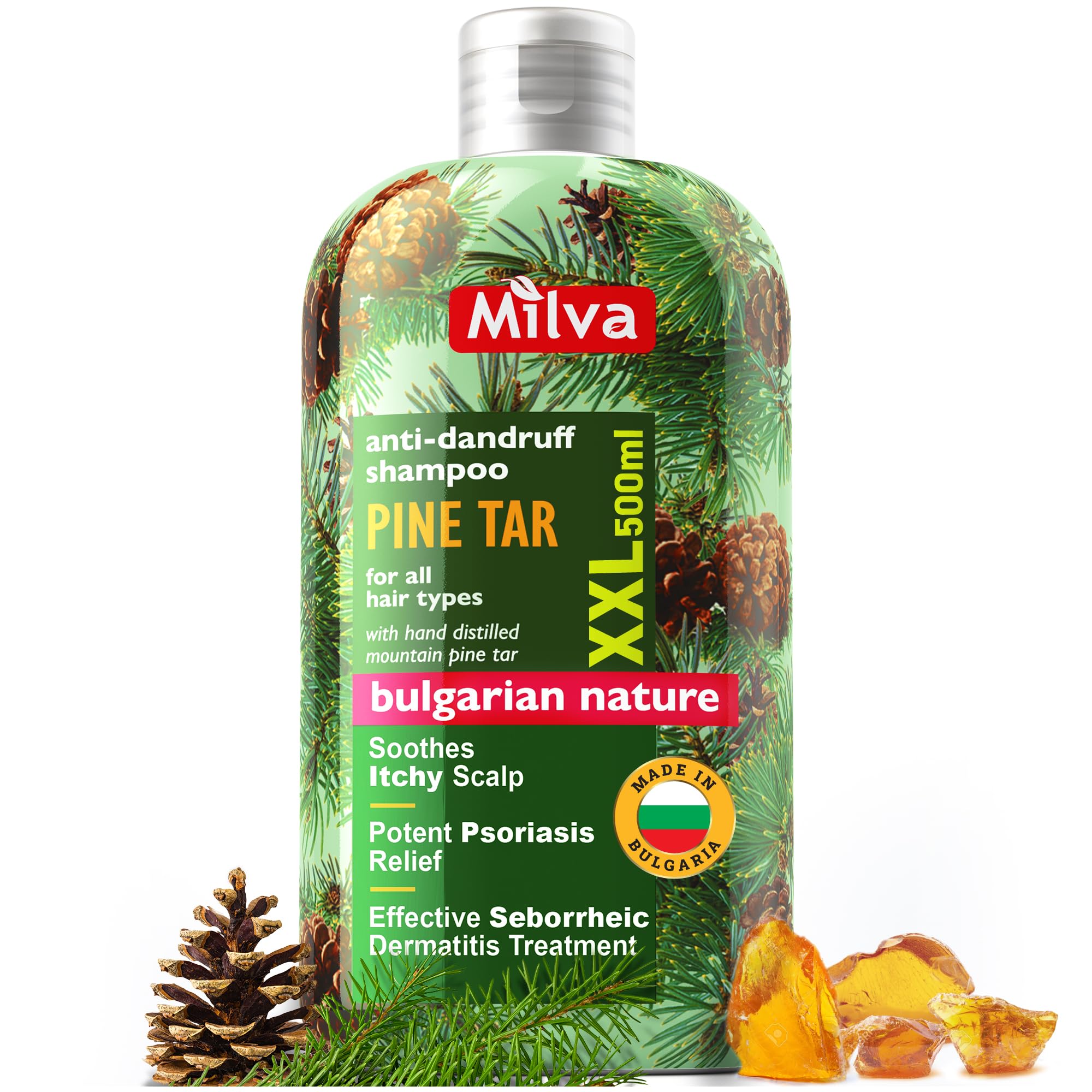 Milva Pine Tar Shampoo - 500ml Natural Anti-Dandruff & Psoriasis Treatment for Dry, Itchy, Flaky Scalp