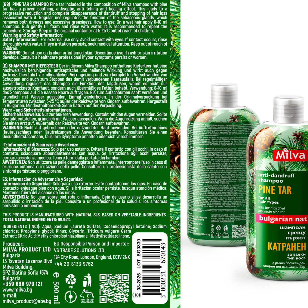 Milva Pine Tar Shampoo - 500ml Natural Anti-Dandruff & Psoriasis Treatment for Dry, Itchy, Flaky Scalp