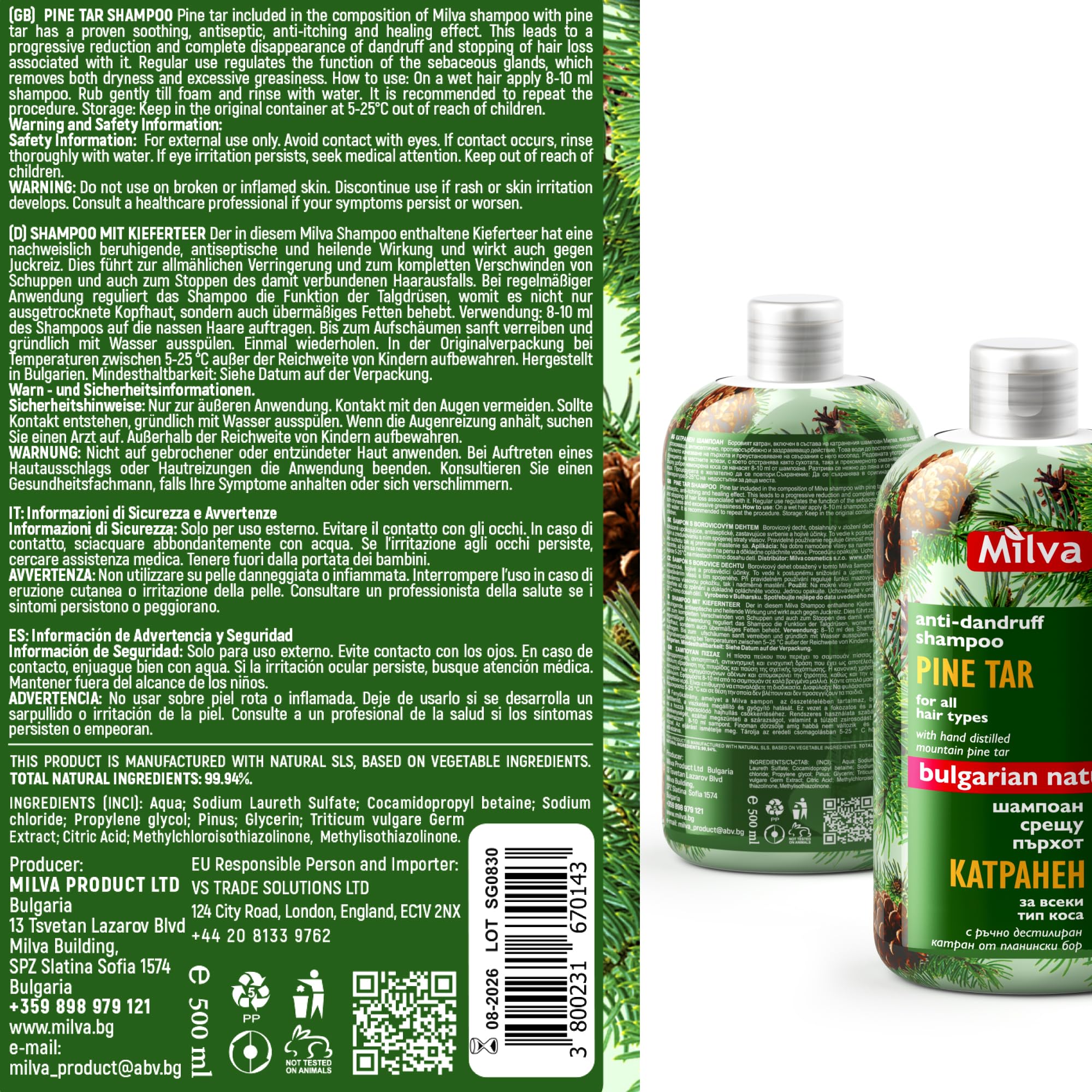 Milva Pine Tar Shampoo - 500ml Natural Anti-Dandruff & Psoriasis Treatment for Dry, Itchy, Flaky Scalp