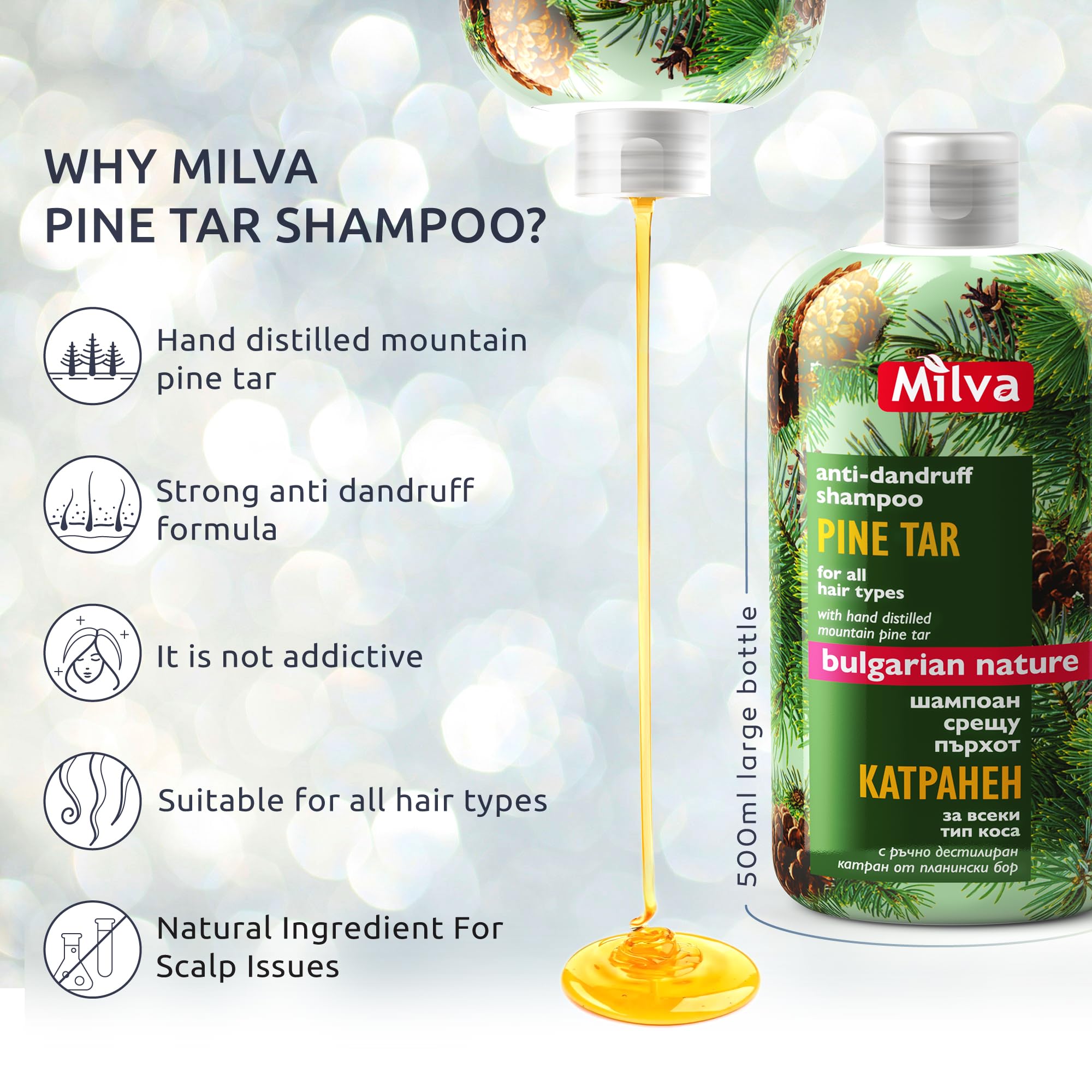 Milva Pine Tar Shampoo - 500ml Natural Anti-Dandruff & Psoriasis Treatment for Dry, Itchy, Flaky Scalp