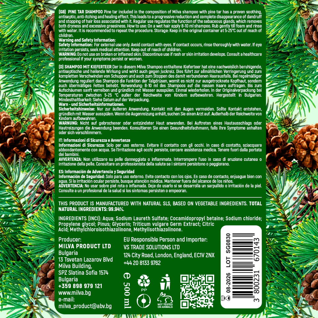 Milva Pine Tar Shampoo - 500ml Natural Anti-Dandruff & Psoriasis Treatment for Dry, Itchy, Flaky Scalp