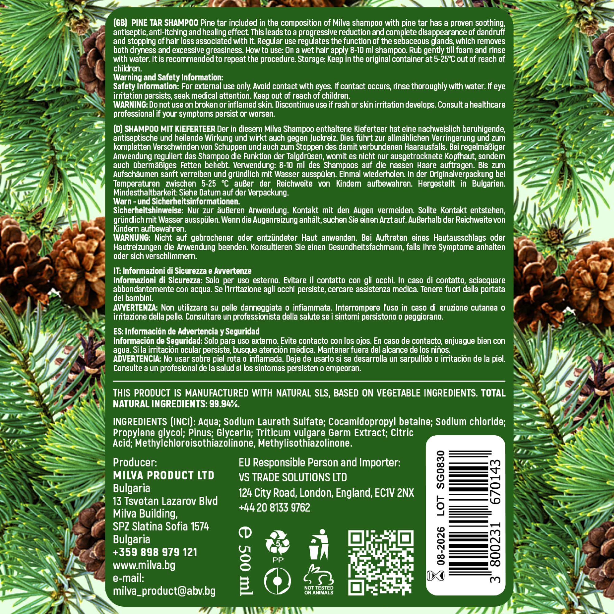 Milva Pine Tar Shampoo - 500ml Natural Anti-Dandruff & Psoriasis Treatment for Dry, Itchy, Flaky Scalp