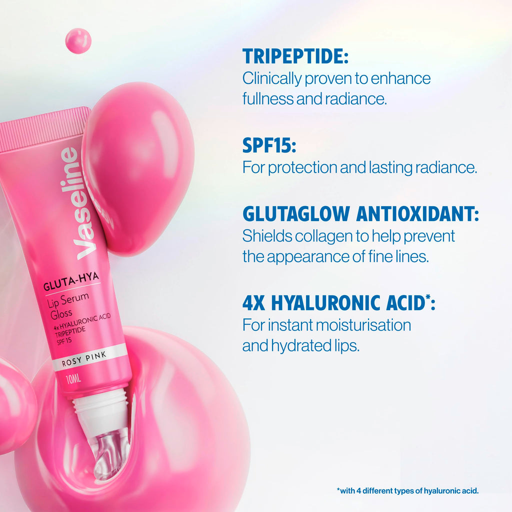 Vaseline Gluta-Hya Rosy Pink Lip Gloss Serum, Hyaluronic Acid, GlutaGlow, SPF15, Plumps & Protects, 10ml Lip Care - Damaged Box