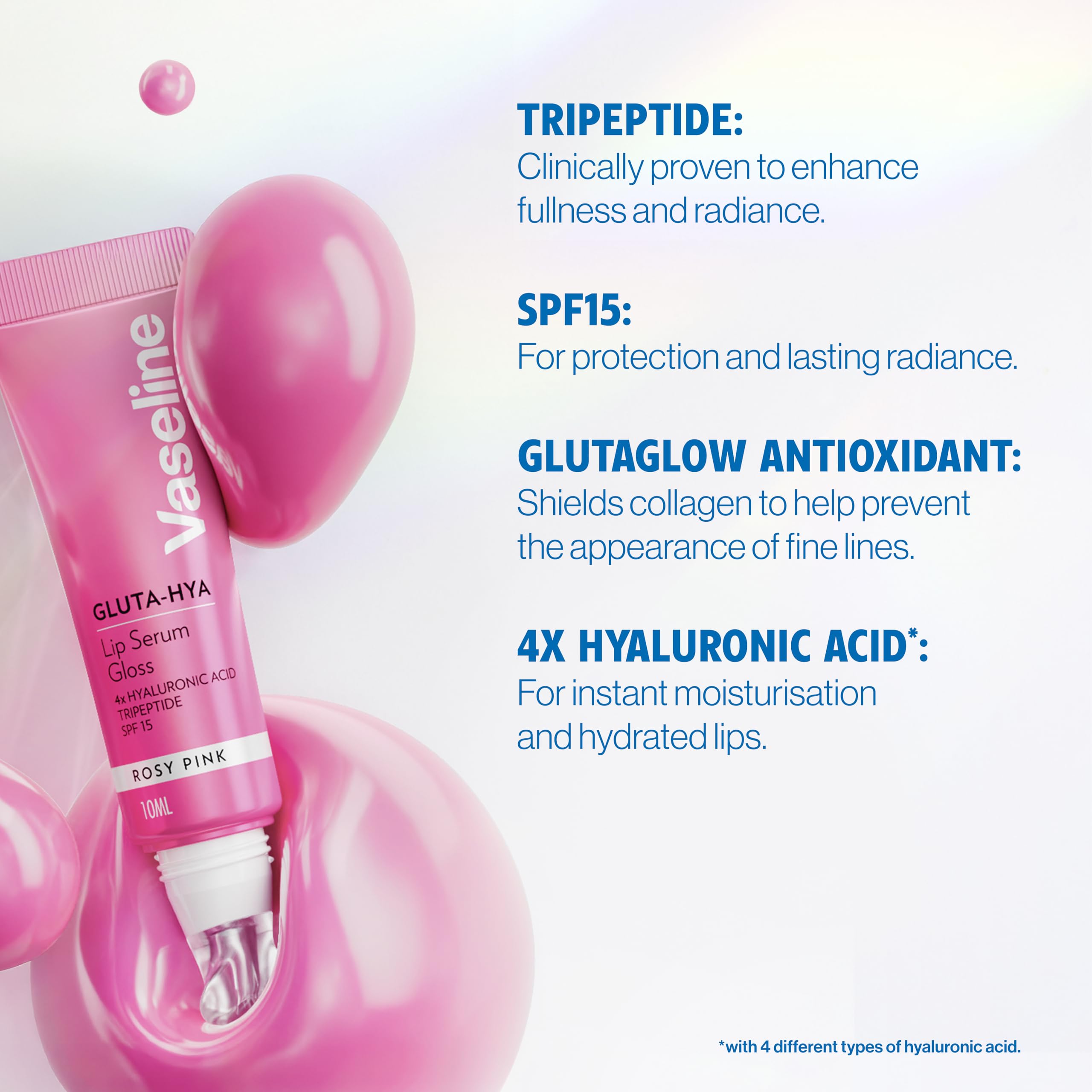 Vaseline Gluta-Hya Rosy Pink Lip Gloss Serum, Hyaluronic Acid, GlutaGlow, SPF15, Plumps & Protects, 10ml Lip Care - Damaged Box
