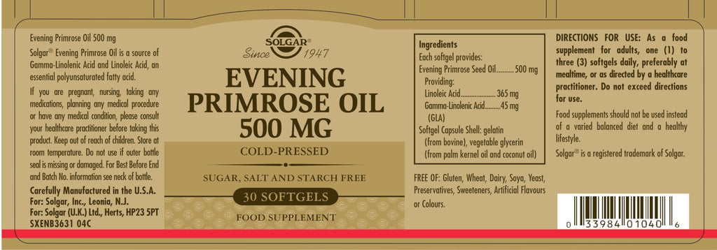 Solgar Evening Primrose Oil 500mg Softgels - 30 Capsules - Omega-6, GLA - Easy Swallow, Gluten Free - BBE 02/2028