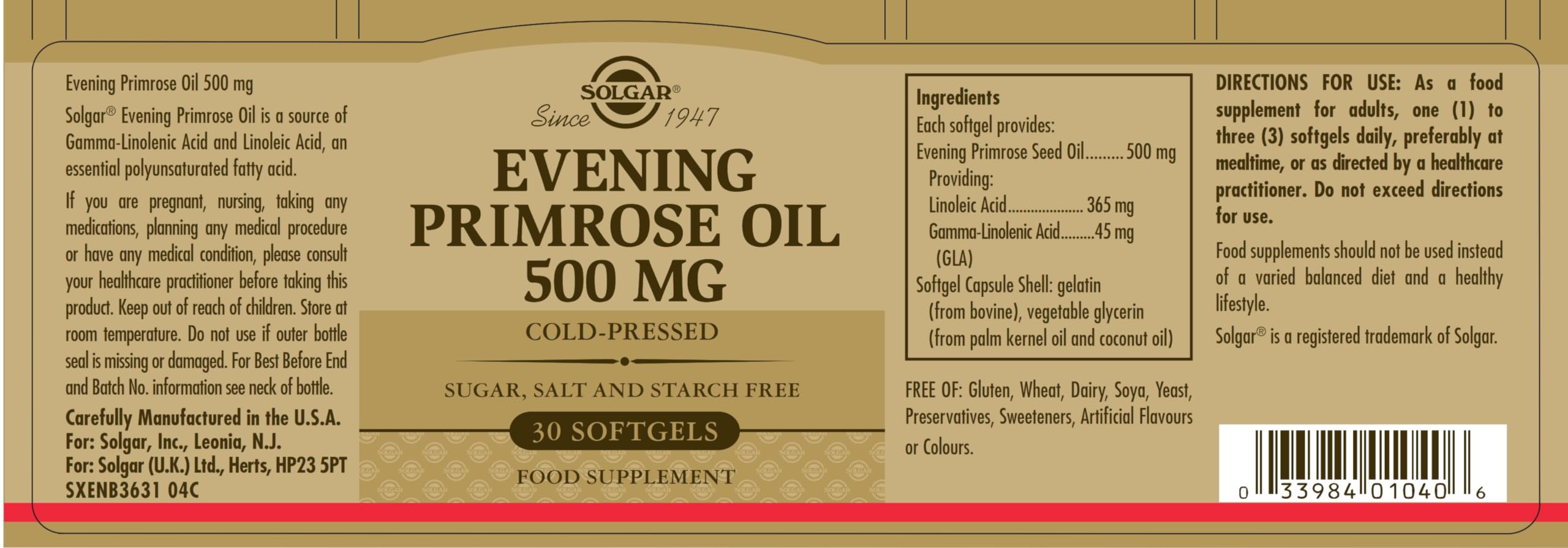 Solgar Evening Primrose Oil 500mg Softgels - 30 Capsules - Omega-6, GLA - Easy Swallow, Gluten Free - BBE 02/2028