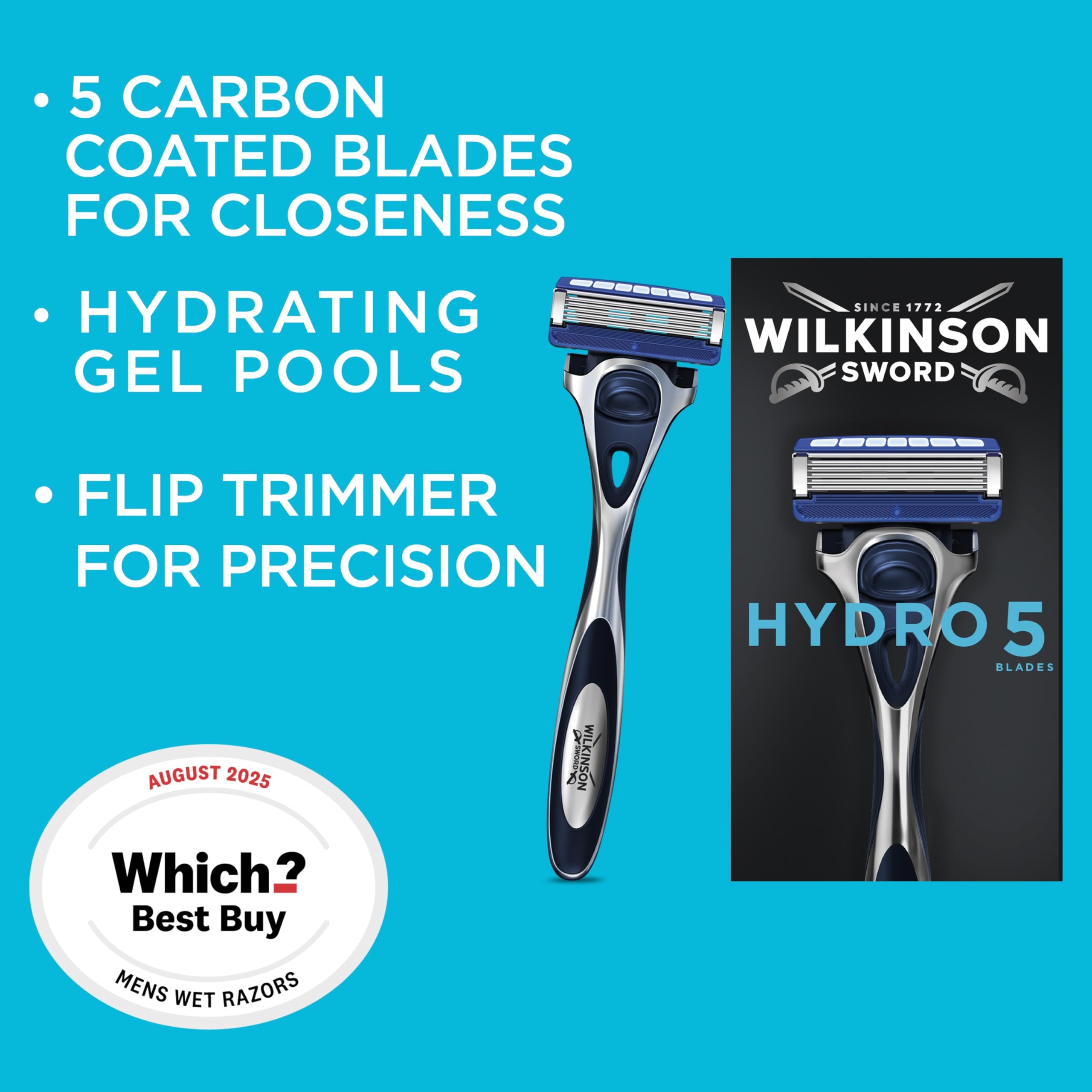 WILKINSON SWORD Hydro 5 Razor for Men - Carbon Coated Blades, Hydrating Gel, Precision Trimmer - 1 Razor, 3 Blades - Damaged Box