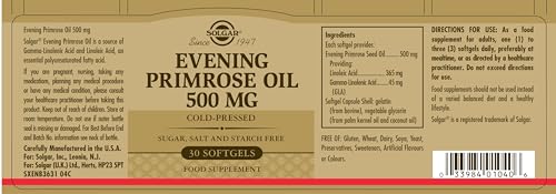 Solgar Evening Primrose Oil 500mg Softgels - 30 Capsules - Omega-6, GLA - Easy Swallow, Gluten Free - BBE 02/2028