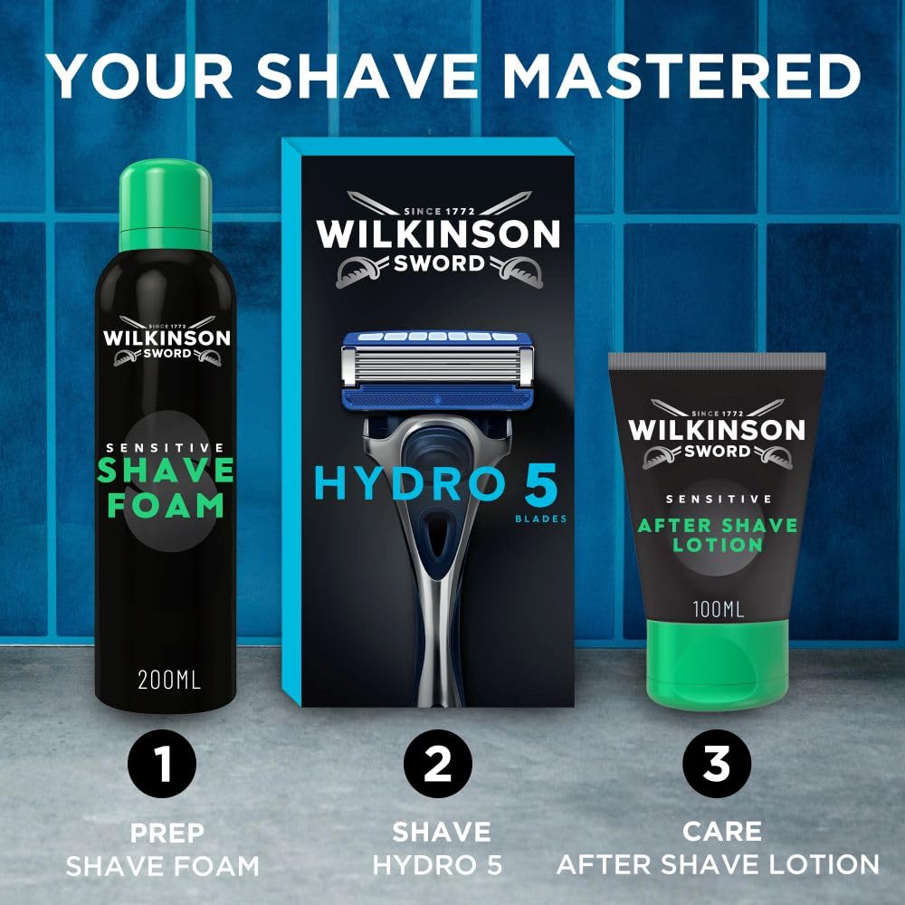 WILKINSON SWORD Hydro 5 Razor for Men - Carbon Coated Blades, Hydrating Gel, Precision Trimmer - 1 Razor, 3 Blades - Damaged Box