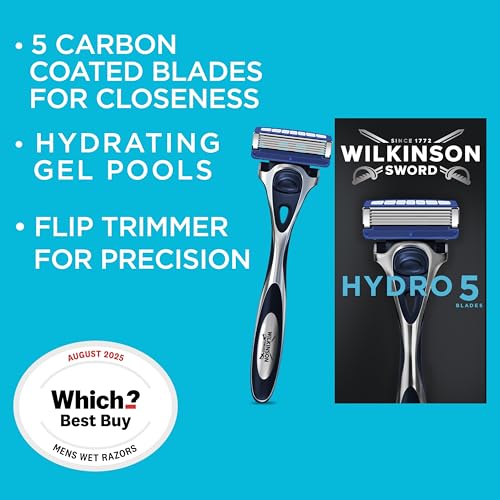 WILKINSON SWORD Hydro 5 Razor for Men - Carbon Coated Blades, Hydrating Gel, Precision Trimmer - 1 Razor, 3 Blades - Damaged Box