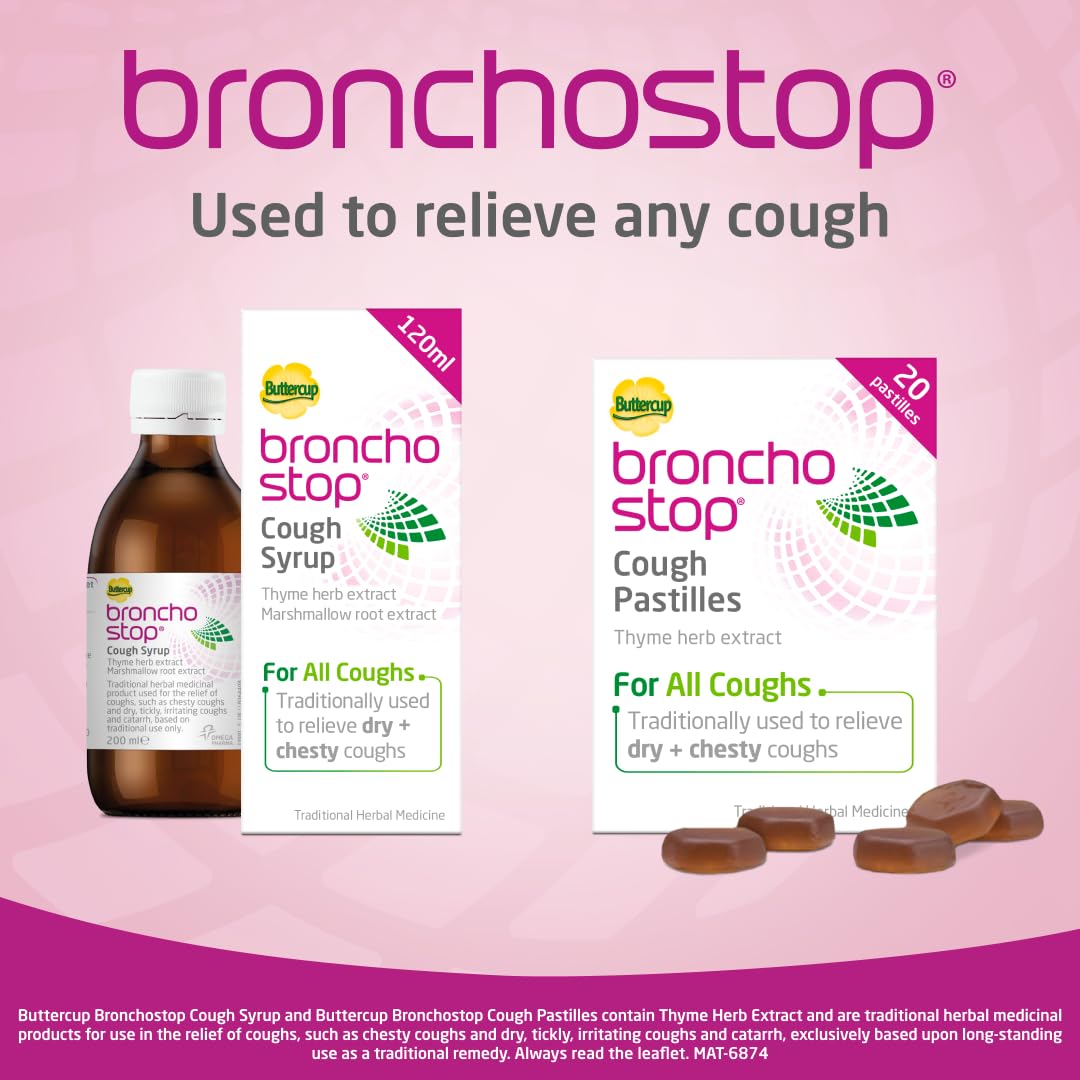 Bronchostop Cough Syrup 200ml - Used for Relief for Dry or Chesty Coughs - with Thyme Herb and Marshmallow Root Extract - Non Drowsy Cough Medicine that Can Be Diluted or Undiluted - BBE 07/2028