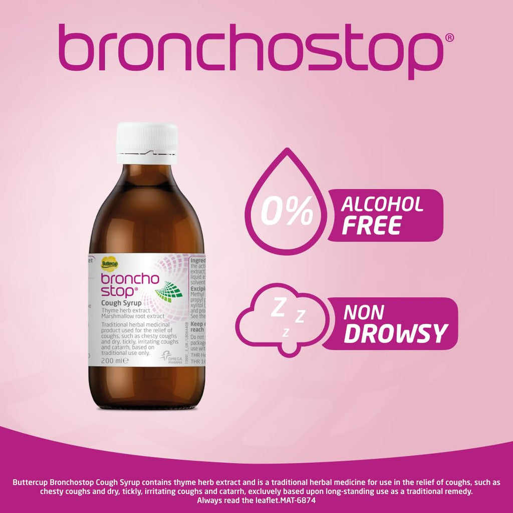 Bronchostop Cough Syrup 200ml - Used for Relief for Dry or Chesty Coughs - with Thyme Herb and Marshmallow Root Extract - Non Drowsy Cough Medicine that Can Be Diluted or Undiluted - BBE 07/2028