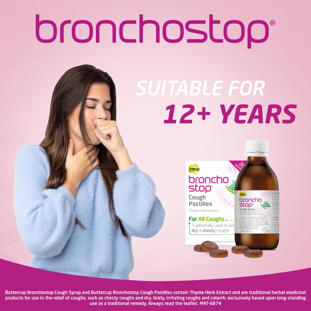 Bronchostop Cough Syrup 200ml - Used for Relief for Dry or Chesty Coughs - with Thyme Herb and Marshmallow Root Extract - Non Drowsy Cough Medicine that Can Be Diluted or Undiluted - BBE 07/2028
