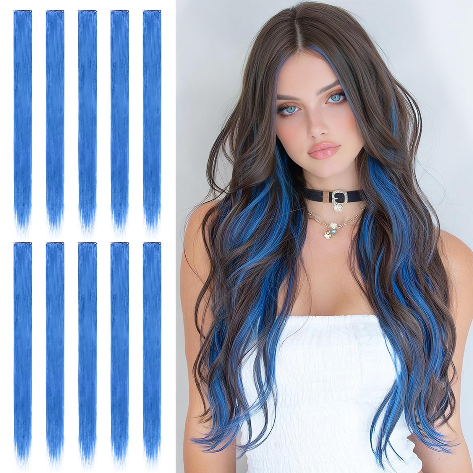 Sofeiyan Colored Hair Extensions Straight Hairpiece 22 Inch 10 Pcs Blue Clip in Synthetic Highlights for Women