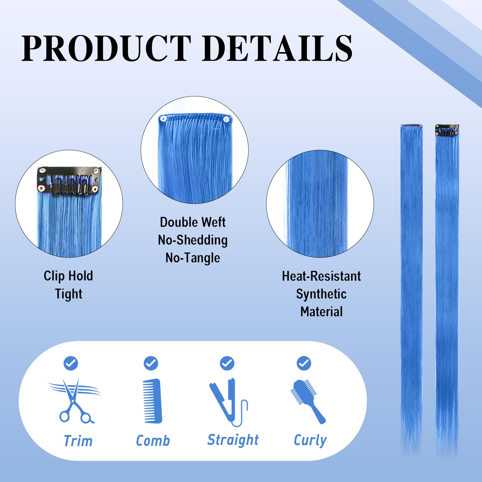 Sofeiyan Colored Hair Extensions Straight Hairpiece 22 Inch 10 Pcs Blue Clip in Synthetic Highlights for Women