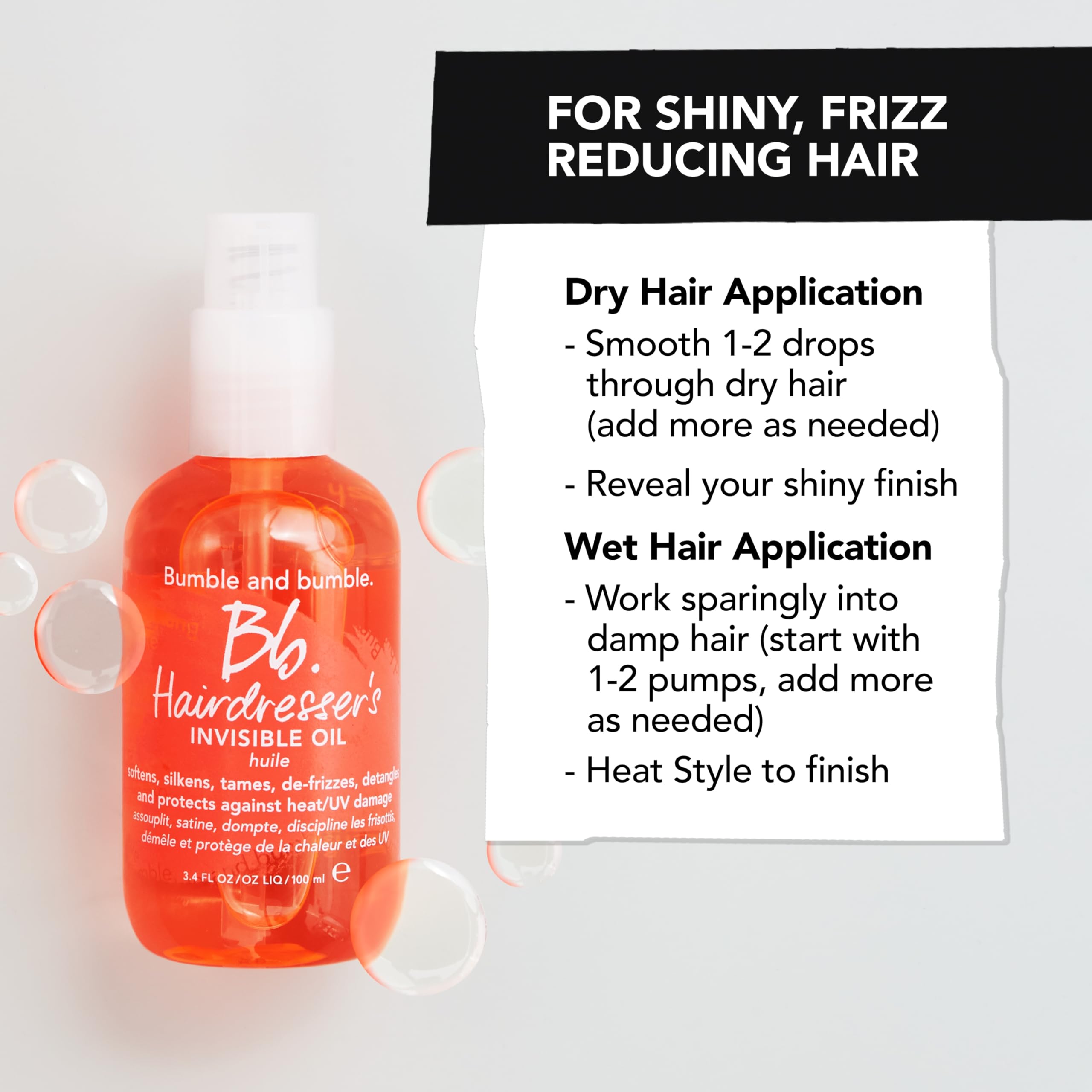 Bumble and bumble. Hairdresser's Invisible Oil Frizz-Reducing Hair Oil | Heat Protection, Frizz Control + Shine | Curly, Wavy, Straight | With Argan, Coconut, + Grapeseed Oil, 100 ml