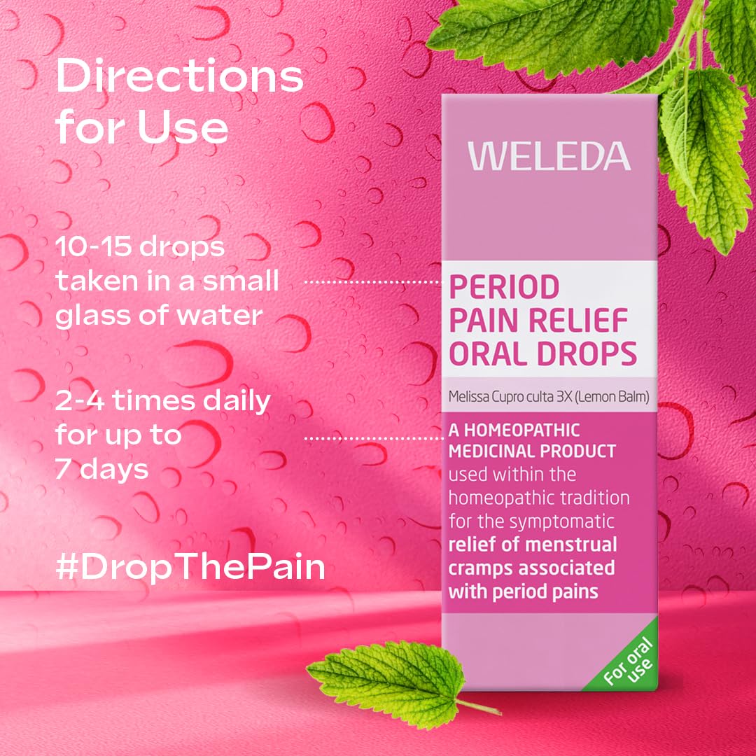 Weleda Period Pain Relief Oral Drops - Menstrual Cramps, Melissa Cupro 3X, Lemon Balm, Homeopathic, Vegan, 25ml - Damaged Box - BBE 09/2028