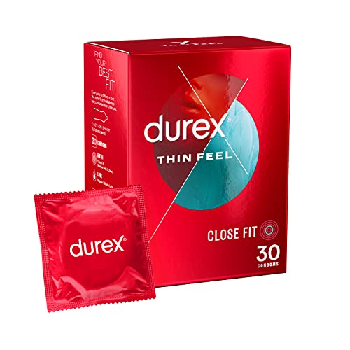 Durex Thin Feel Condoms, Close Fit, 30s, Secure, Tighter, Natural Latex, with Silicone Lube, Easy On Shape - Damaged Box - BBE 12/2027
