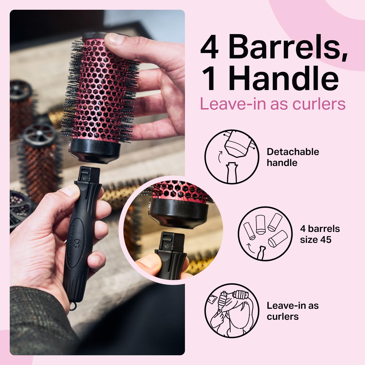 Olivia Garden Multibrush Curlers Kit - Size 45-4 Barrels of the Same Size & 1 Handle - Leave-In Barrels perfect for Curls and Volume - Damaged Box