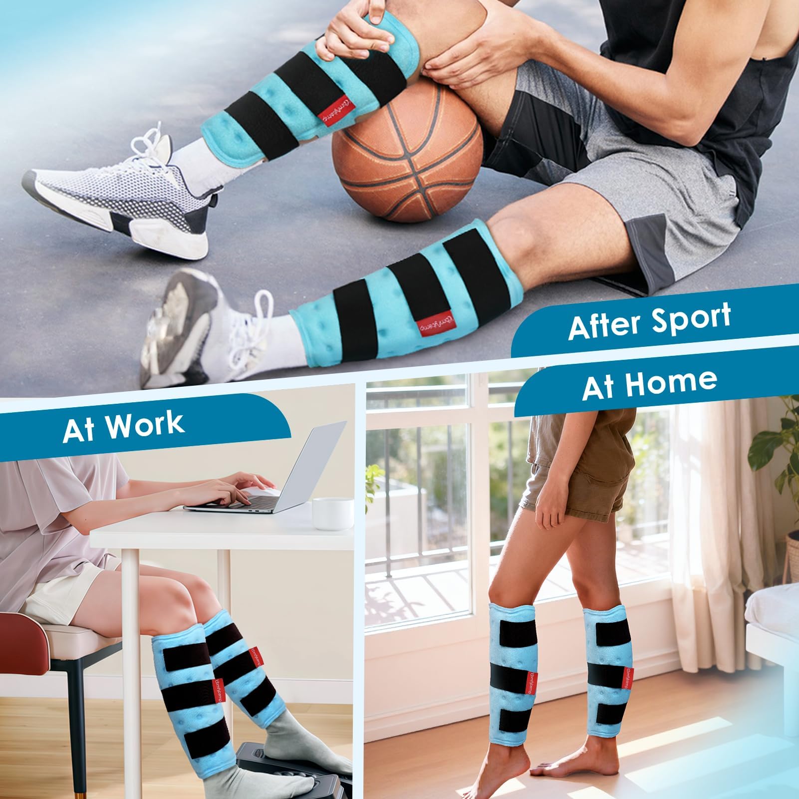 Comfytemp Leg Ice Pack Wrap (2 Packs), Reusable Shin Splints Gel Ice Pack for Injuries, Leg Edema, Swelling, Hot & Cold Compress for Limbs, Calf, Tennis Elbow, Knees, Arm, After Surgery Gift