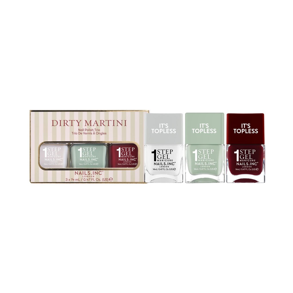 Nails Inc It's Topless Dirty Martini Gel-Like Nail Polish Trio - 3 Piece Set, Base Coat, Colour, Top Coat - Damaged Box