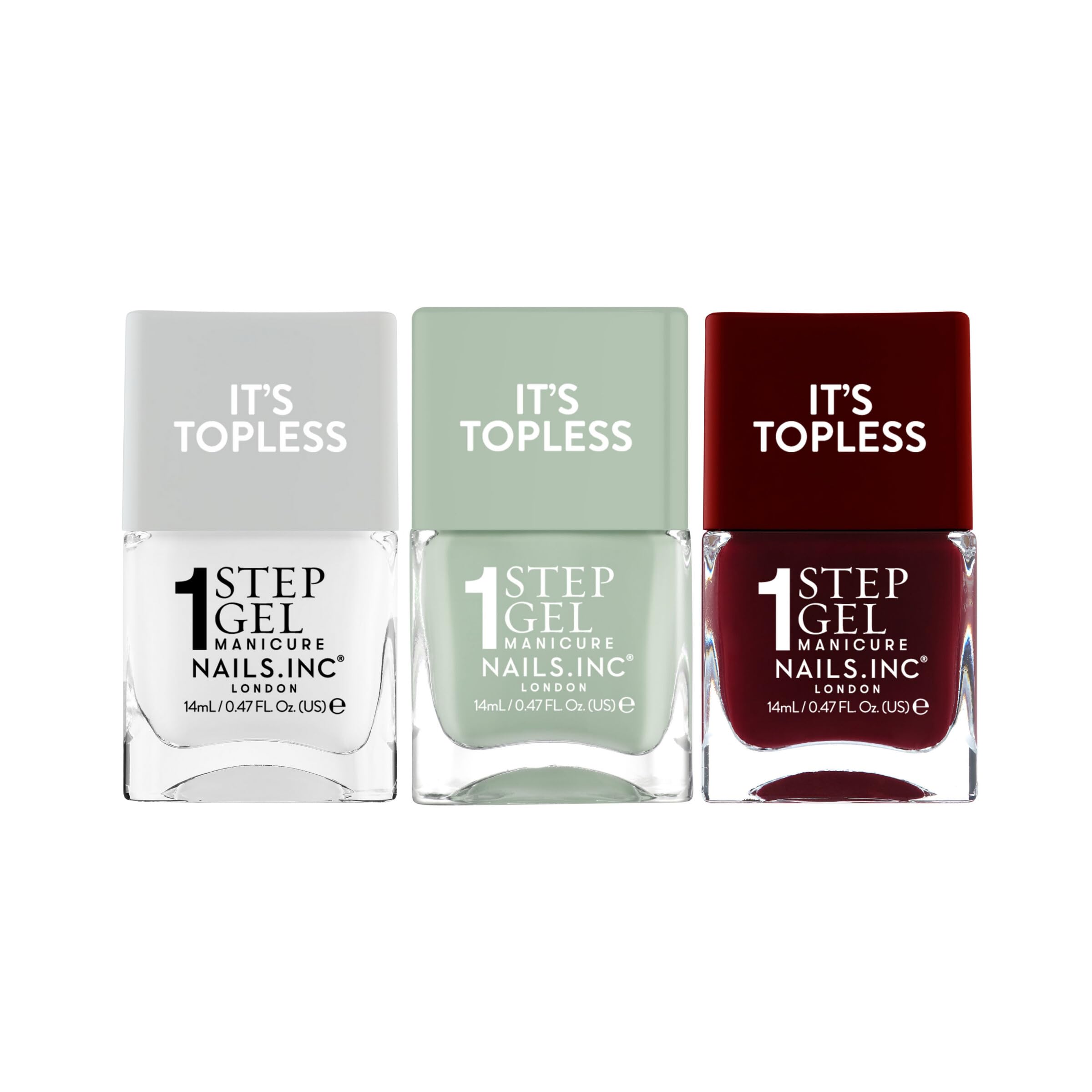 Nails Inc It's Topless Dirty Martini Gel-Like Nail Polish Trio - 3 Piece Set, Base Coat, Colour, Top Coat - Damaged Box
