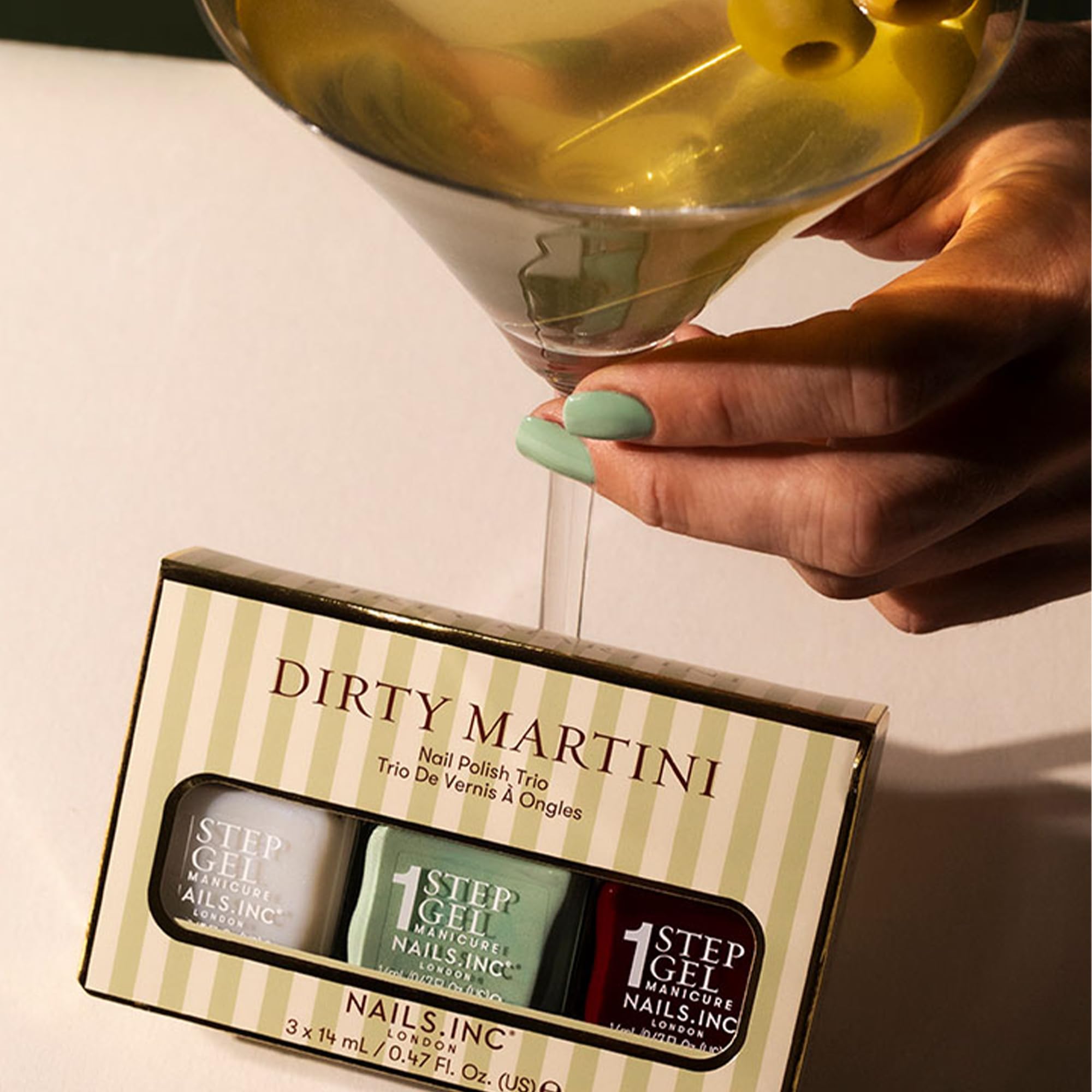 Nails Inc It's Topless Dirty Martini Gel-Like Nail Polish Trio - 3 Piece Set, Base Coat, Colour, Top Coat - Damaged Box