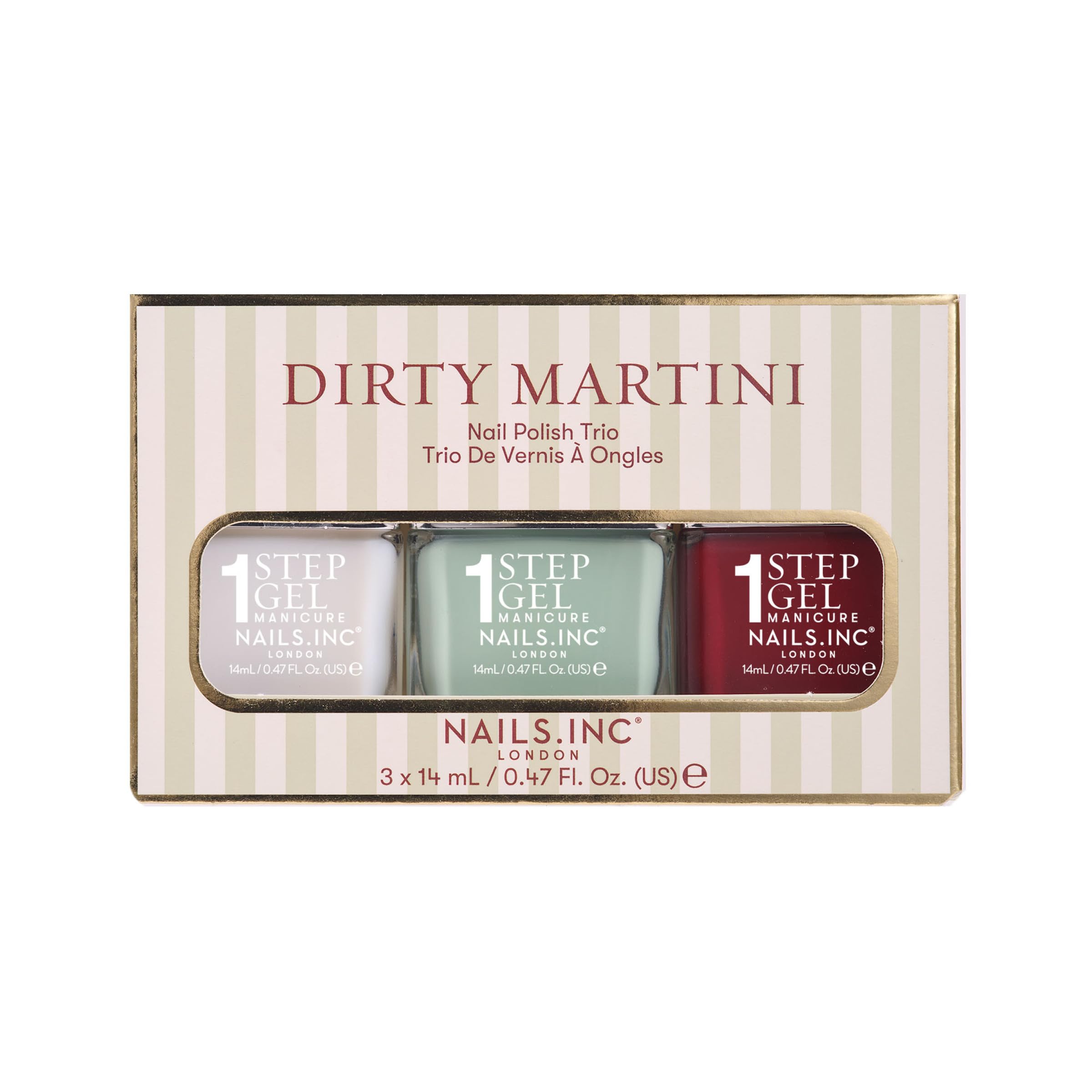 Nails Inc It's Topless Dirty Martini Gel-Like Nail Polish Trio - 3 Piece Set, Base Coat, Colour, Top Coat - Damaged Box