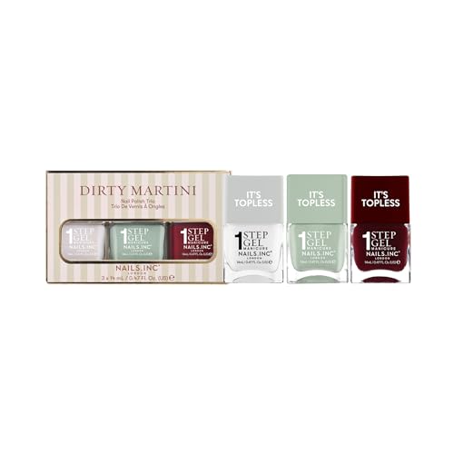 Nails Inc It's Topless Dirty Martini Gel-Like Nail Polish Trio - 3 Piece Set, Base Coat, Colour, Top Coat - Damaged Box