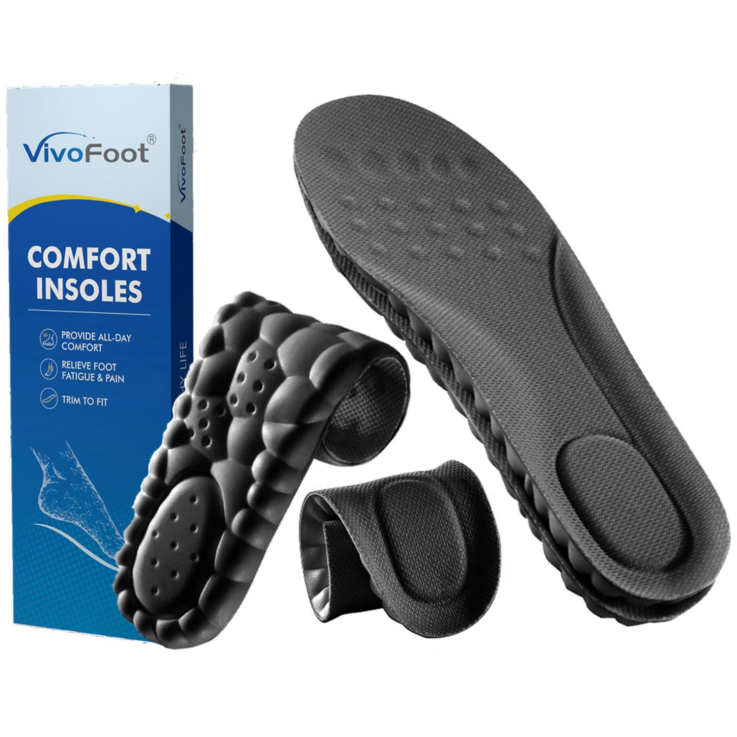 VivoFoot Memory Foam Insoles - Anti-Fatigue Pain Relief Shoe Inserts - Cloud Sole Pads - UK 4-6.5 Grey - Trim to Fit - Damaged Box