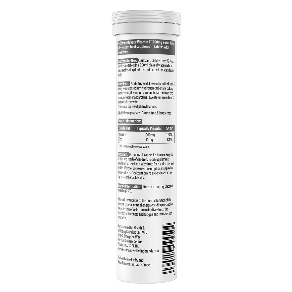 Effervescent Vitamin C 1000mg & Zinc 15mg Tablets - Orange Flavour High Strength Immune Support - 4 Tubes - New