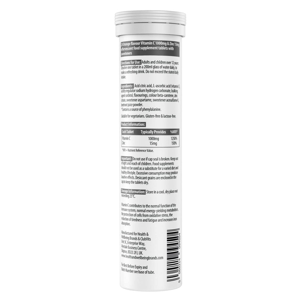 Vitamin C 1000mg & Zinc 15mg Orange Flavour Effervescent Tablets - High Strength Tablets for a Healthy Immune System (4 Tubes)