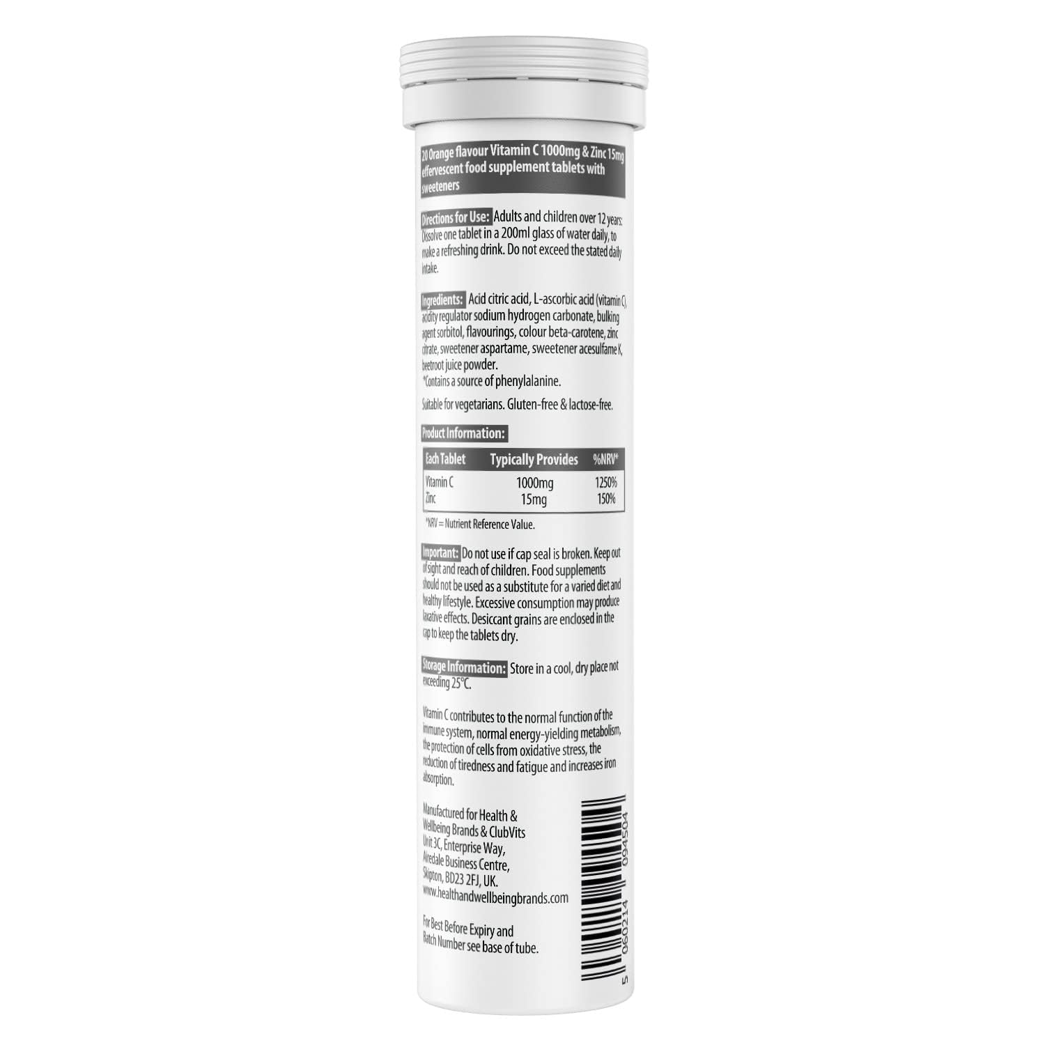 Vitamin C 1000mg & Zinc 15mg Orange Flavour Effervescent Tablets - High Strength Tablets for a Healthy Immune System (4 Tubes)