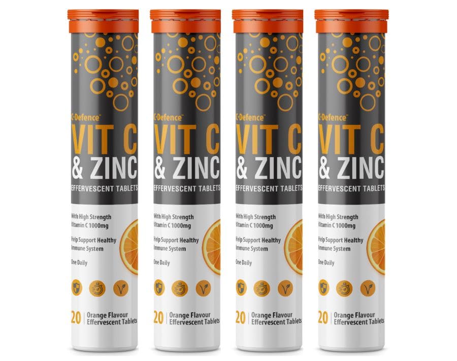 Vitamin C 1000mg & Zinc 15mg Orange Flavour Effervescent Tablets - High Strength Tablets for a Healthy Immune System (4 Tubes)