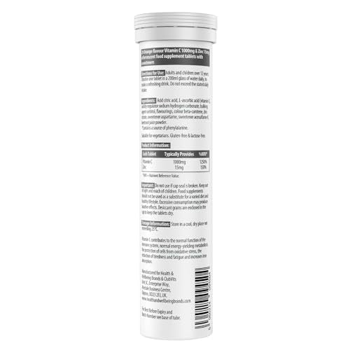 Vitamin C 1000mg & Zinc 15mg Orange Flavour Effervescent Tablets - High Strength Tablets for a Healthy Immune System (4 Tubes)