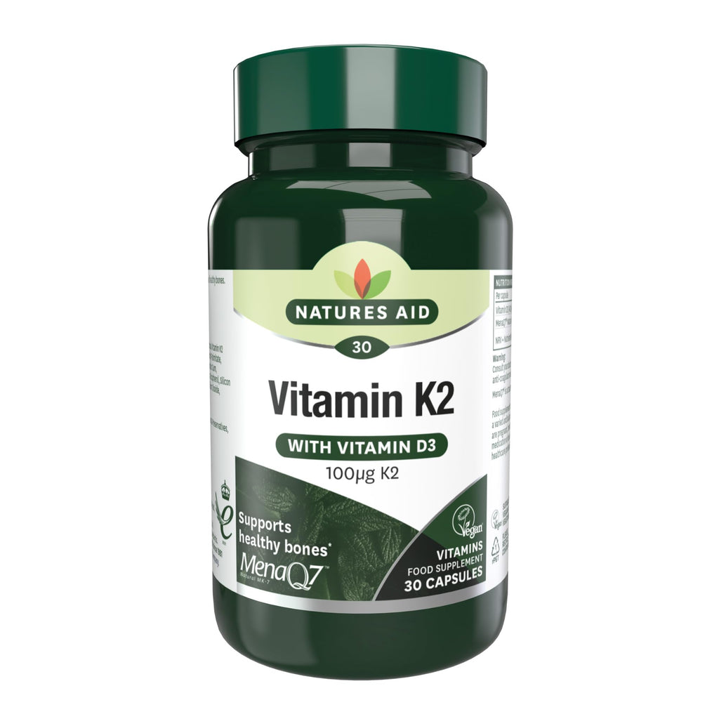 Natures Aid Vitamin K2 100mcg with D3 - MenaQ7 Bone Health, Calcium Absorption, Muscle Function - 30 Vegan Capsules - BBE 06/2027