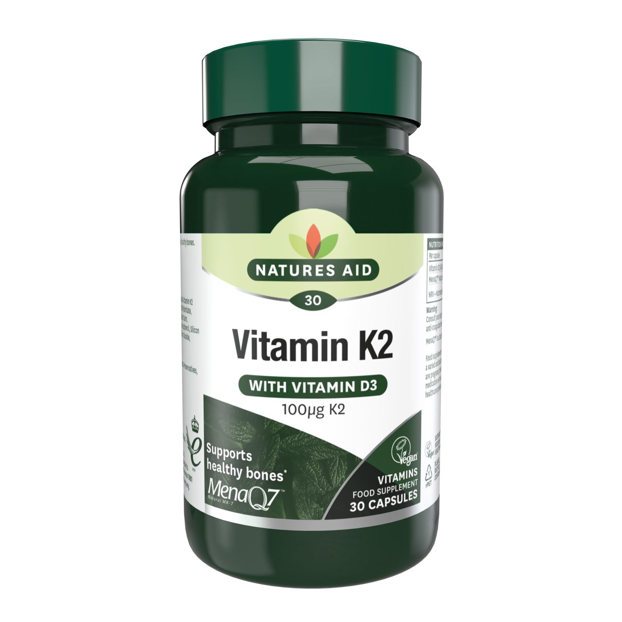 Natures Aid Vitamin K2 100mcg with D3 - MenaQ7 Bone Health, Calcium Absorption, Muscle Function - 30 Vegan Capsules - BBE 06/2027